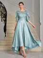 A-line Scoop 1/2 Sleeves Appliques Lace Asymmetrical Chiffon Mother of the Bride Dress