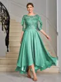 A-line Scoop 1/2 Sleeves Appliques Lace Asymmetrical Chiffon Mother of the Bride Dress