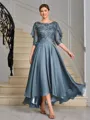 A-line Scoop 1/2 Sleeves Appliques Lace Asymmetrical Chiffon Mother of the Bride Dress