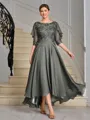 A-line Scoop 1/2 Sleeves Appliques Lace Asymmetrical Chiffon Mother of the Bride Dress