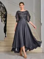 A-line Scoop 1/2 Sleeves Appliques Lace Asymmetrical Chiffon Mother of the Bride Dress