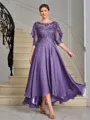A-line Scoop 1/2 Sleeves Appliques Lace Asymmetrical Chiffon Mother of the Bride Dress