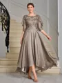 A-line Scoop 1/2 Sleeves Appliques Lace Asymmetrical Chiffon Mother of the Bride Dress