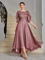 A-line Scoop 1/2 Sleeves Appliques Lace Asymmetrical Chiffon Mother of the Bride Dress