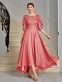 A-line Scoop 1/2 Sleeves Appliques Lace Asymmetrical Chiffon Mother of the Bride Dress
