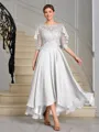 A-line Scoop 1/2 Sleeves Appliques Lace Asymmetrical Chiffon Mother of the Bride Dress