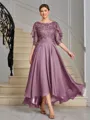 A-line Scoop 1/2 Sleeves Appliques Lace Asymmetrical Chiffon Mother of the Bride Dress