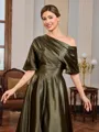 A-line Short Sleeves Pleated Ankle-Length Silk Like Satin Mother of the Bride Dress