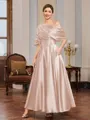 A-line Short Sleeves Pleated Ankle-Length Silk Like Satin Mother of the Bride Dress