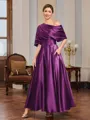 A-line Short Sleeves Pleated Ankle-Length Silk Like Satin Mother of the Bride Dress