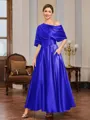 A-line Short Sleeves Pleated Ankle-Length Silk Like Satin Mother of the Bride Dress