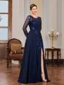 A-line Scoop Long Sleeves Appliques Lace Floor-Length Chiffon Mother of the Bride Dress