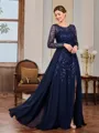 A-line Scoop Long Sleeves Appliques Lace Floor-Length Chiffon Mother of the Bride Dress