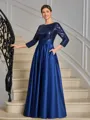 A-line Scoop 3/4 Sleeves Sequin Ankle-Length Satin Mother of the Bride Dress