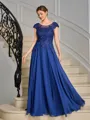 A-line Scoop Short Sleeves Appliques Lace Floor-Length Chiffon Mother of the Bride Dress