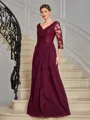 A-line V-neck 3/4 Sleeves Appliques Lace Floor-Length Chiffon Mother of the Bride Dress