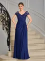 Sheath V-neck Short Sleeves Appliques Lace Floor-Length Jersey Mother of the Bride Dress