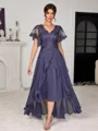 A-line V-neck Short Sleeves Appliques Lace Asymmetrical Chiffon Corset Mother of the Bride Dress