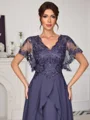 A-line V-neck Short Sleeves Appliques Lace Asymmetrical Chiffon Corset Mother of the Bride Dress