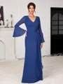 Sheath V-neck Long Sleeves Pleated Floor-Length Chiffon Mother of the Bride Dress