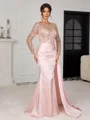 Sheath Scoop Long Sleeves Sequin Floor-Length Silk Like Satin Mother of the Bride Dress