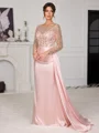 Sheath Scoop Long Sleeves Sequin Floor-Length Silk Like Satin Mother of the Bride Dress