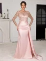 Sheath Scoop Long Sleeves Sequin Floor-Length Silk Like Satin Mother of the Bride Dress