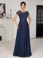 A-line Scoop Short Sleeves Appliques Lace Floor-Length Chiffon Mother of the Bride Dress