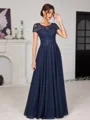 A-line Scoop Short Sleeves Appliques Lace Floor-Length Chiffon Mother of the Bride Dress