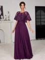 A-line Scoop Short Sleeves Appliques Lace Floor-Length Chiffon Mother of the Bride Dress