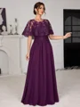 A-line Scoop Short Sleeves Appliques Lace Floor-Length Chiffon Mother of the Bride Dress