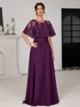 A-line Scoop Short Sleeves Appliques Lace Floor-Length Chiffon Mother of the Bride Dress