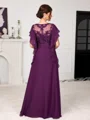 A-line Scoop Short Sleeves Appliques Lace Floor-Length Chiffon Mother of the Bride Dress