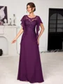 A-line Scoop Short Sleeves Appliques Lace Floor-Length Chiffon Mother of the Bride Dress