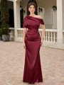 Sheath One-Shoulder Short Sleeves Pleated Floor-Length Silk Like Satin Mother of the Bride Dress