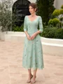 A-line V-neck 3/4 Sleeves Pleated Tea-Length Mother of the Bride Dress
