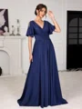 A-line V-neck Short Sleeves Pleated Sweep Train Jersey Mother of the Bride Dress