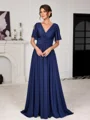 A-line V-neck Short Sleeves Pleated Sweep Train Jersey Mother of the Bride Dress