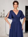 A-line V-neck Short Sleeves Pleated Sweep Train Jersey Mother of the Bride Dress