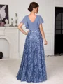 A-line V-neck Short Sleeves Pleated Floor-Length Chiffon Mother of the Bride Dress