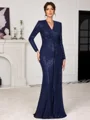 Sheath V-neck Long Sleeves Pleated Floor-Length Mother of the Bride Dress