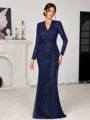 Sheath V-neck Long Sleeves Pleated Floor-Length Mother of the Bride Dress