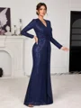 Sheath V-neck Long Sleeves Pleated Floor-Length Mother of the Bride Dress