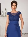 A-line Scoop Short Sleeves Appliques Lace Asymmetrical Chiffon Mother of the Bride Dress