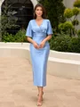 Sheath V-neck Short Sleeves Pleated Tea-Length Silk Like Satin Mother of the Bride Dress