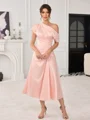 A-line One-Shoulder Short Sleeves Pleated Tea-Length Charmeuse Mother of the Bride Dress