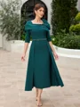 Sheath Square 1/2 Sleeves Beading Tea-Length Stretch Crepe Mother of the Bride Dress
