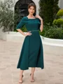 Sheath Square 1/2 Sleeves Beading Tea-Length Stretch Crepe Mother of the Bride Dress