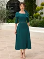 Sheath Square 1/2 Sleeves Beading Tea-Length Stretch Crepe Mother of the Bride Dress