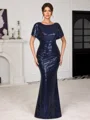Sheath Scoop Short Sleeves Pleated Floor-Length Sequins Corset Mother of the Bride Dress